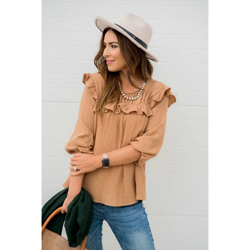 Everything Must Go!3/4 Sleeve Gauze Ruffle Blouse