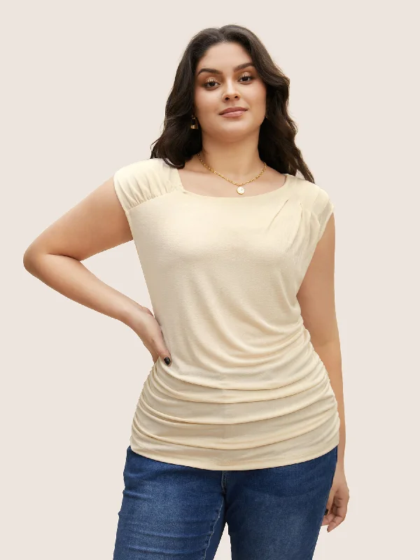 Shop More, Spend Less!Asymmetrical Neck Pleated Cap Sleeve T-shirt