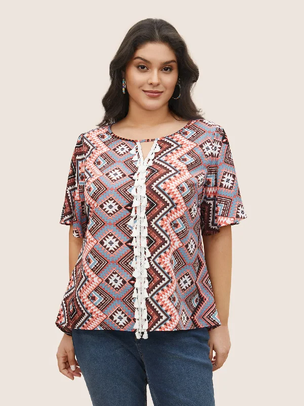 Mega Sale Happening Now!Bandana Keyhole Tassels Lace trim Blouse