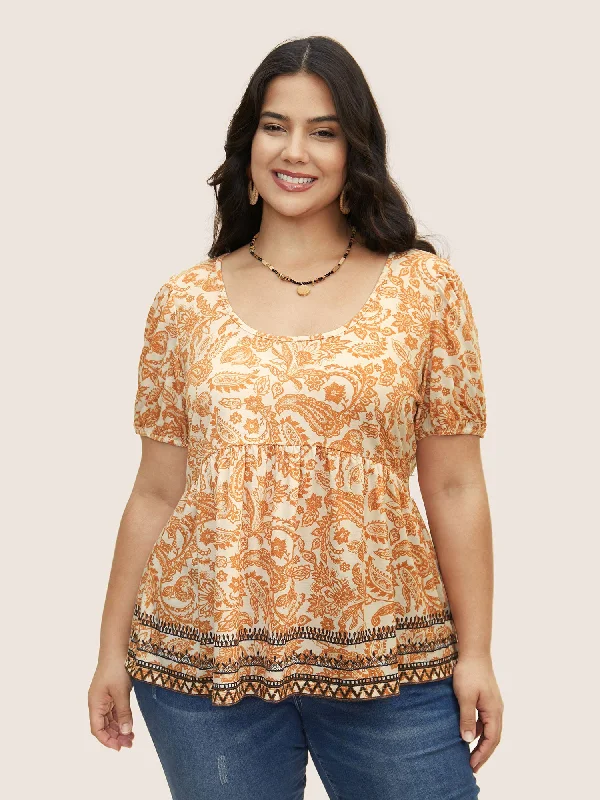 Bigger Savings, Better Shopping!Boho Print Contrast Puff Sleeve T-shirt