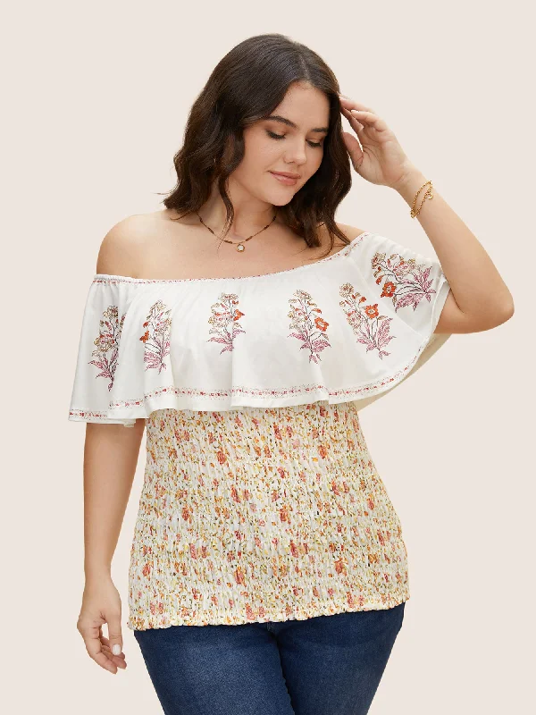 Today’s Deals, Tomorrow’s Regrets!Cold Shoulder Boho Print Shirred T-shirt