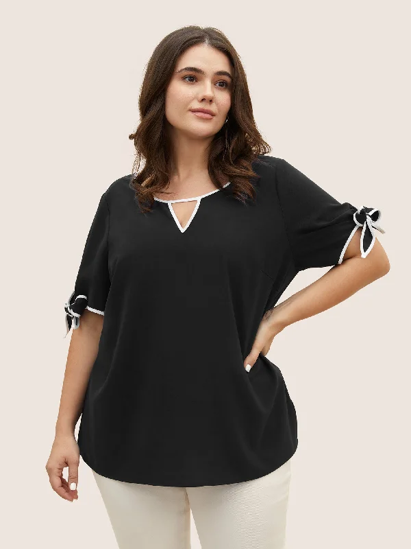 Limited Time Offer!Contrast Trim Keyhole Tie Knot Blouse