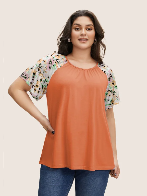 Instant Savings Await!Crew Neck Patchwork Floral Raglan Sleeve T-shirt