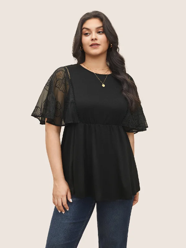 Today Only – Don’t Miss It!Crochet Lace Mesh Cut Out Ruffle Sleeve Knit Top