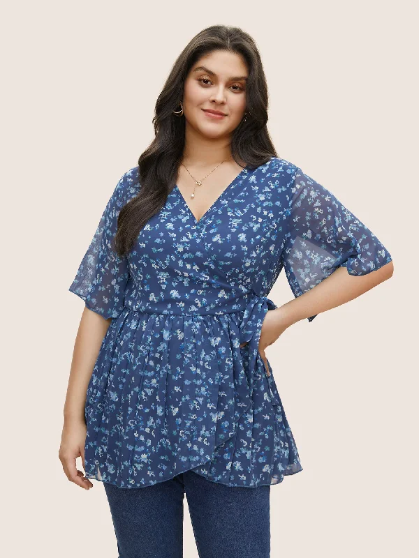 Shop Early, Save Big!Ditsy Floral Mesh Overlap Collar Ties Blouse