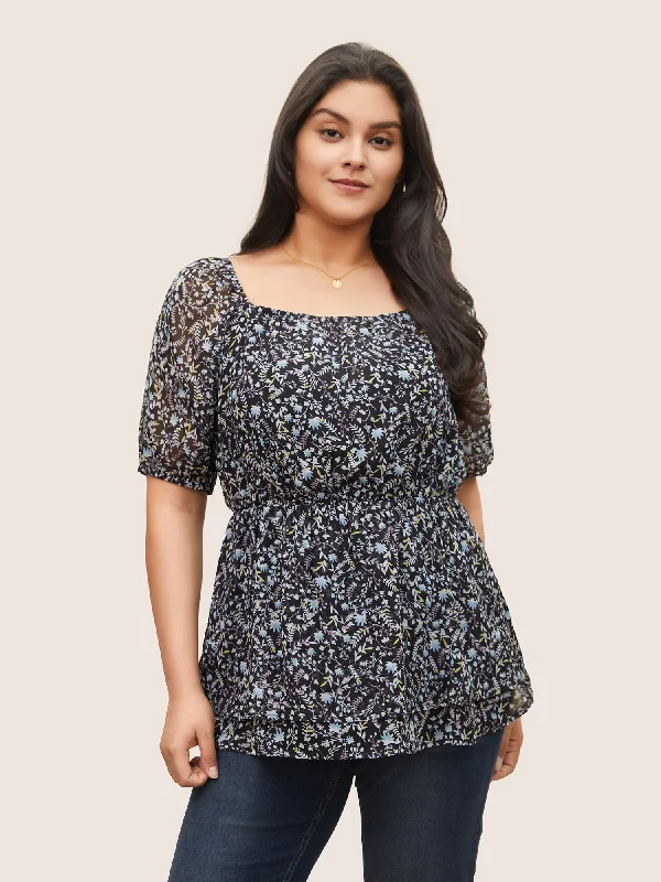 Time to Snag a Bargain!Ditsy Floral Mesh Square Neck Layered Hem Blouse