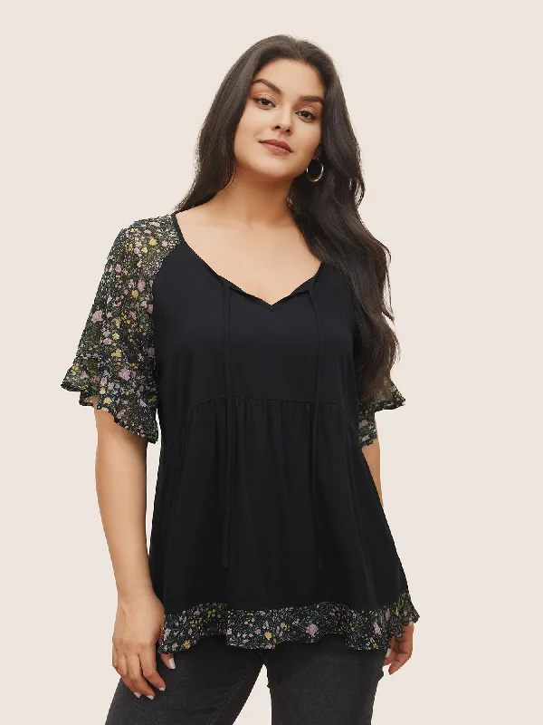 Hot Deals You Can’t Resist!Ditsy Floral Patchwork Ties Flutter Sleeve Blouse