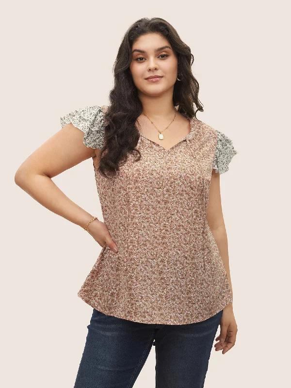 Don’t Wait – Shop Today!Ditsy Floral Ties Patchwork Ruffle Cap Sleeve Blouse