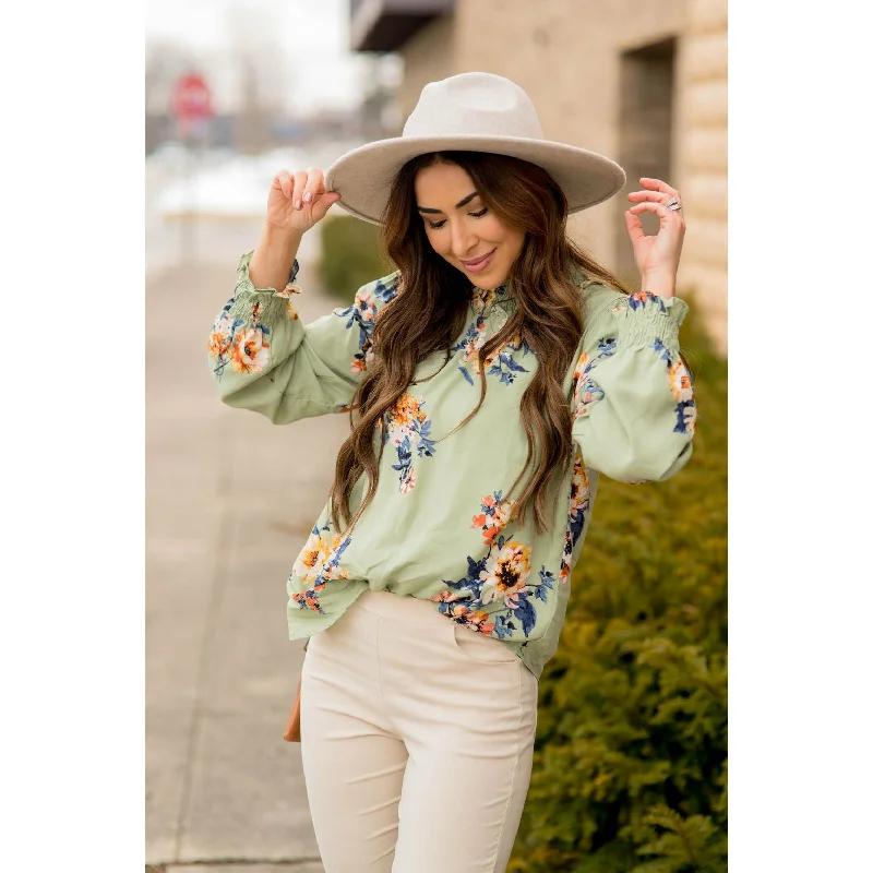Incredible Savings Inside!Smocked Neck Floral Long Sleeve Blouse