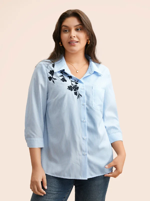 Don’t Wait – Deals Won’t Last!Floral Embroidered Striped Patched Pocket Blouse