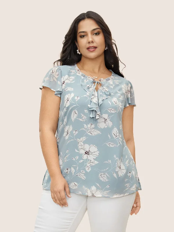 Save Like Never Before!Floral Frill Trim Tie Knot Ruffles Blouse