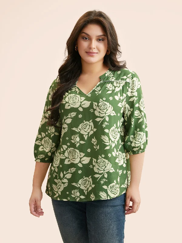 Limited Deals, Unlimited Savings!Floral Notched Gathered Lantern Sleeve Blouse