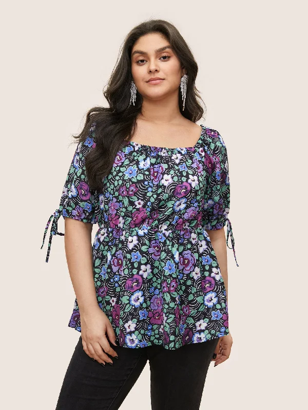 The Best Deals Won’t Wait!Floral Print Bowknot Side Square Neck Blouse