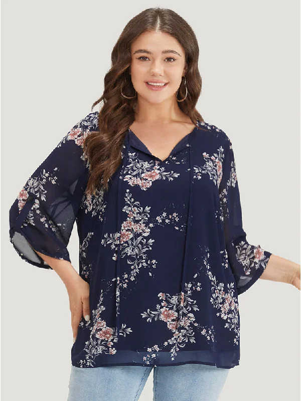 Get More for Less!Floral Print Knot Neck Mesh Tab Sleeve Blouse