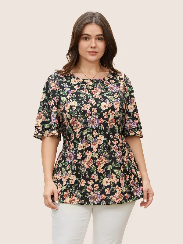 Save Up to 50% Off!Floral Print Tiered Flutter Sleeve Blouse