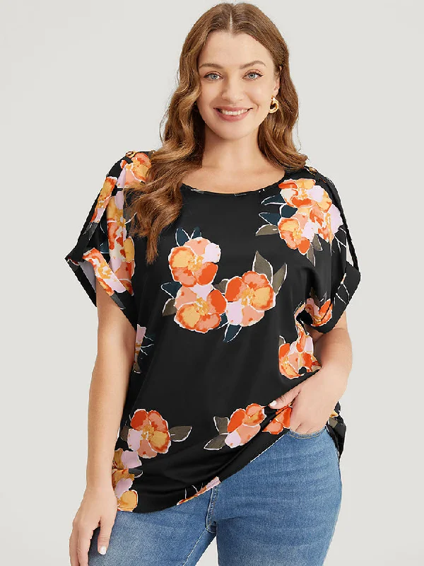Best Offers of the Month!Floral Printed Roll Tab Sleeve Blouse