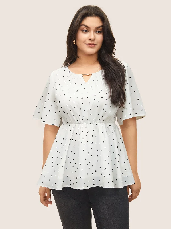 Your Best Deals Are Here!Keyhole Polka Dot Style Accents Ruffle Sleeve Blouse