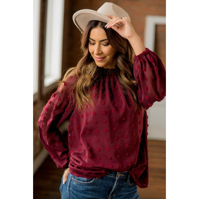 Don't Miss Out!Textured Dot Cinched Neck Long Sleeve Blouse