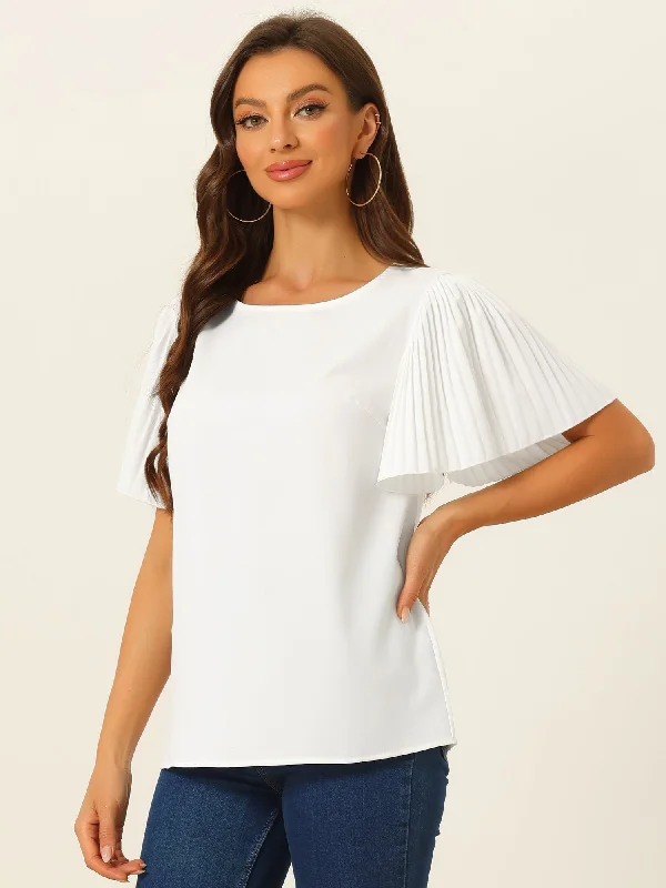Score Huge Discounts Today!Flutter Sleeve Solid Round Neck Short Sleeve Blouse