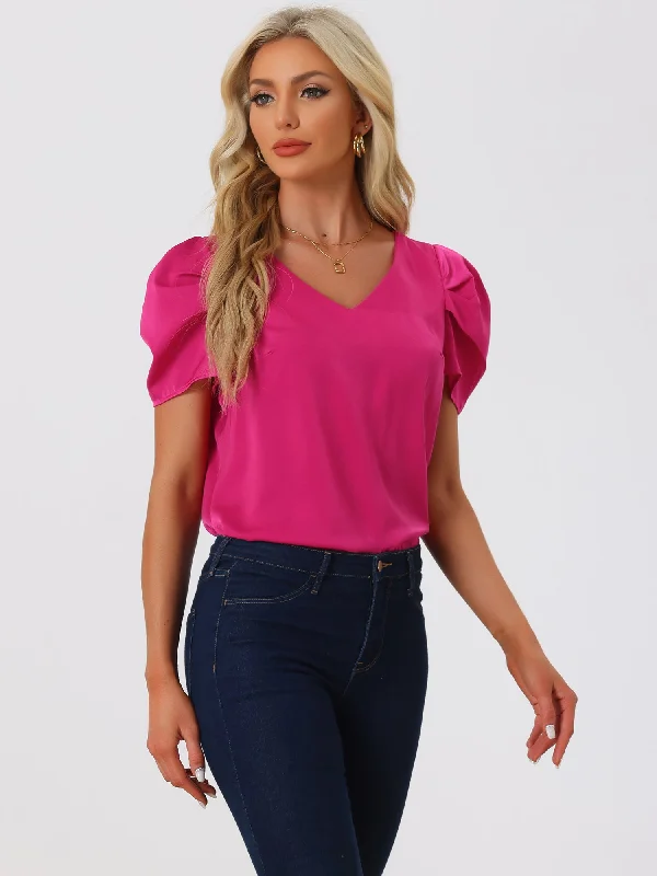 Your Wallet Will Thank You!Satin Blouse V Neck Short Puff Sleeve Casual Tops