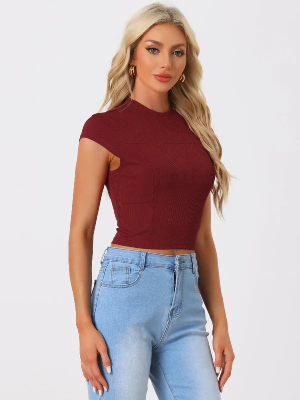 Limited Deals, Unlimited Savings!Women's Casual Crew Neck Cap Sleeves Basic Solid Crop Top