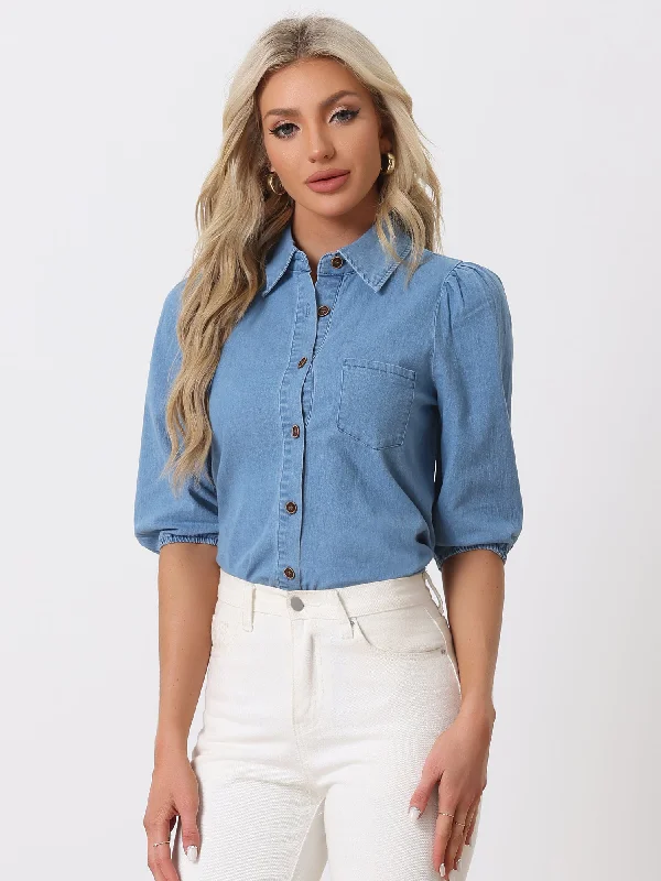Best Deals Just for You!3/4 Puff Sleeve Collar Button Down Jean Denim Shirt