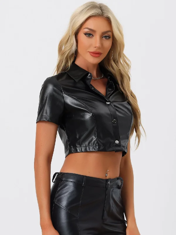 Unbeatable Prices!Pu Leather Short Sleeve Button Down Shirt Blouse Crop Top