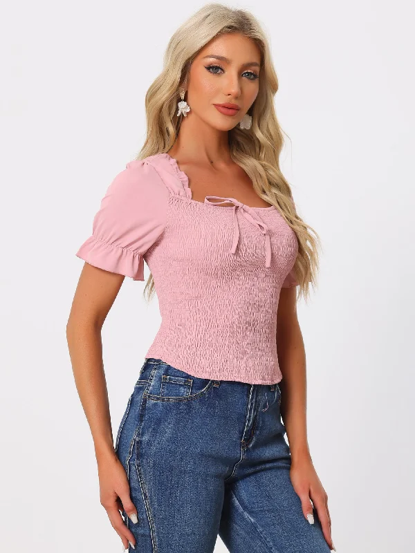 Get the Best for Less!Smocked Square Neck Puff Sleeve Ruffle Shirred Blouse