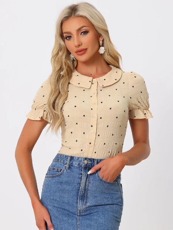 The Best Deals Won’t Wait!Casual Peter Pan Collar T Shirt Textured Stars Button Down Ruffle Top
