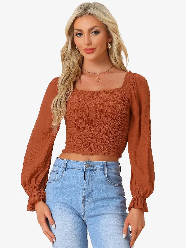 Find Your Perfect Deal Today!Smocked Long Puff Sleeves Ruffle Square Neck Cropped Blouse