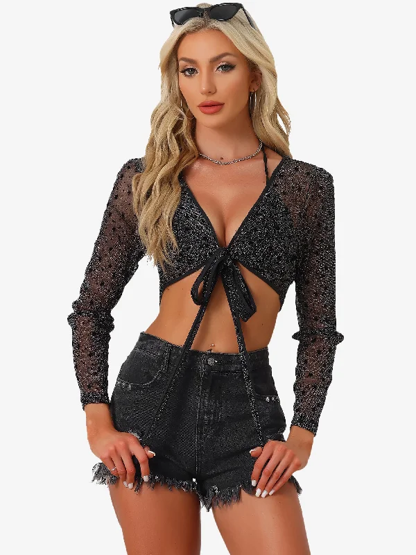 Don't Miss Out!Star Printed Cross V Neck Sheer Blouse Glitter Crop Top