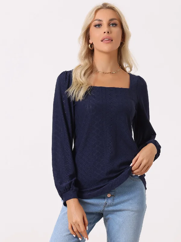 Save More Than Ever!Square Neck Lantern Long Sleeve Eyelet Blouse