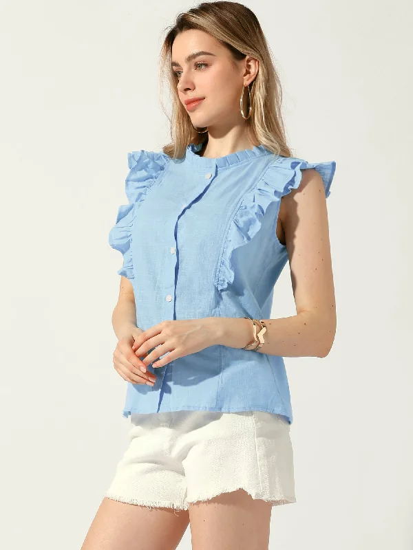 Best Price of the Season!Summer Ruffle Round Neck Button Up Casual Sleeveless Blouse