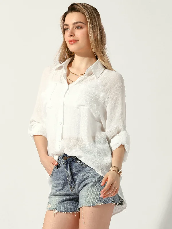 Save Like Never Before!Long Sleeve Oversized Boyfriend Sheer Button Down Shirt