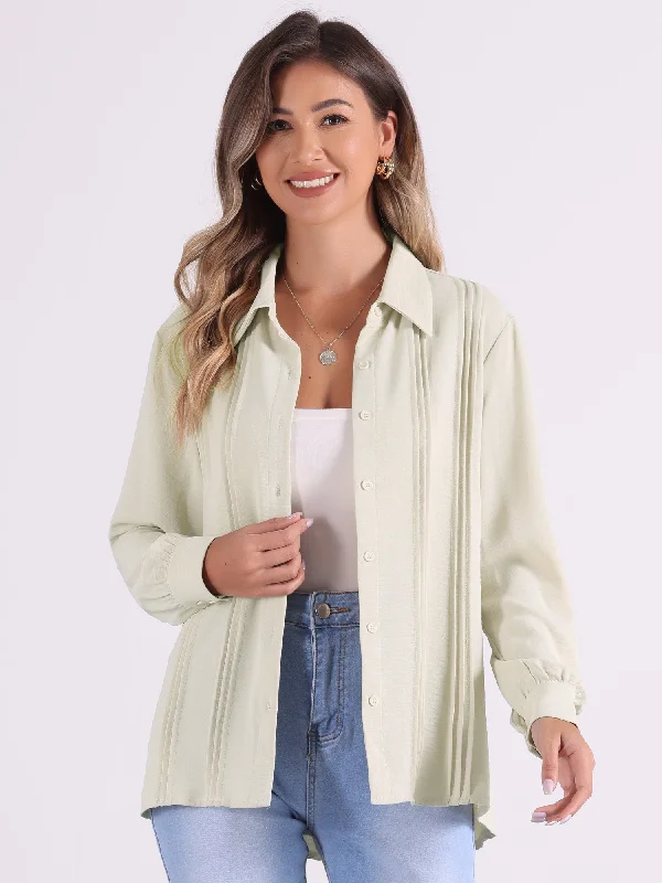 Incredible Savings Inside!Pleated Solid Color Long Sleeves Button Down Shirts