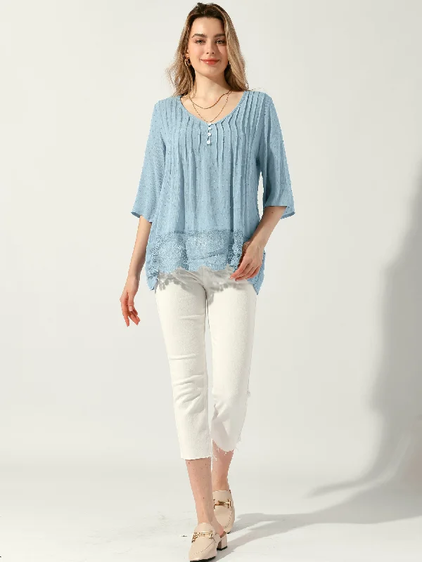 Special Discounts Inside!Lace Trim Pleated 3/4 Sleeve Swiss Dots Loose Fit Blouse