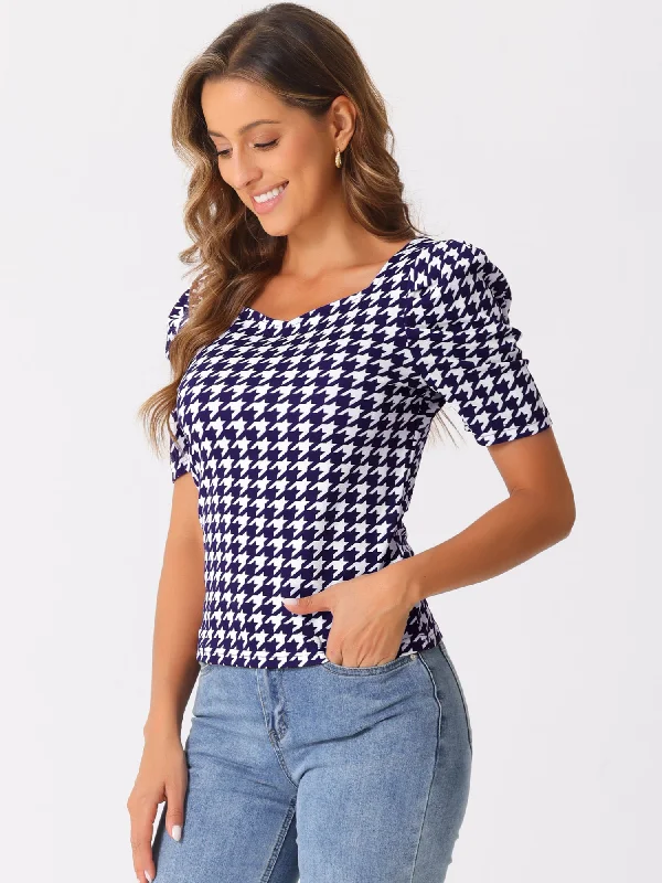 Get It Before It’s Gone!Houndstooth Puff Short Sleeve Square Neck Blouse