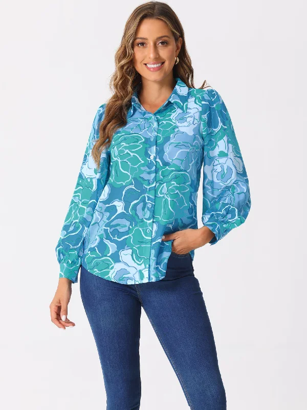 Stock Up and Save!Floral Button Up Puff Long Sleeve Casual Blouse
