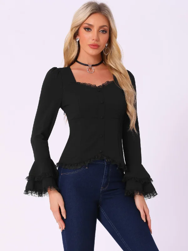 Upgrade for Less!Vintage Flare Bell Sleeve Lace Button Decor Blouse
