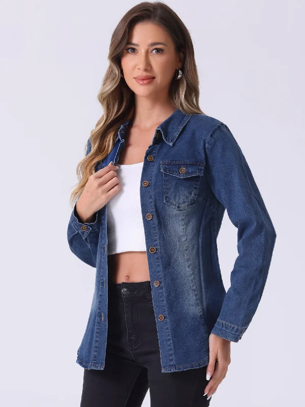 Save More When You Shop More!Denim Long Sleeve Button Down Pocket Trendy Jean Shirts