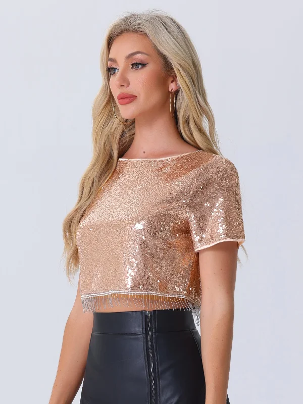 Your Discount is Waiting!Sequin Glitter Short Sleeve Tassel Cropped Blouse