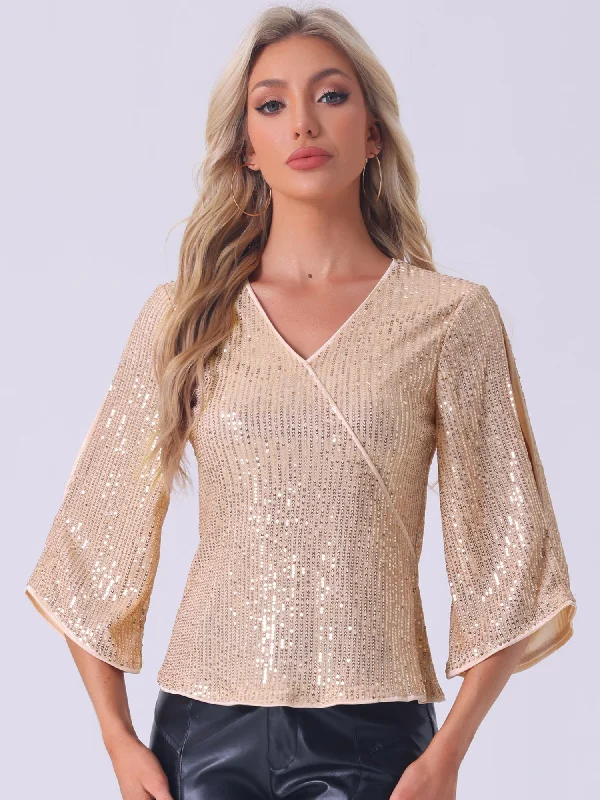 Limited Edition, Limited Price!Sequin Cut-Out 3/4 Sleeve V Neck Sparkly Blouse