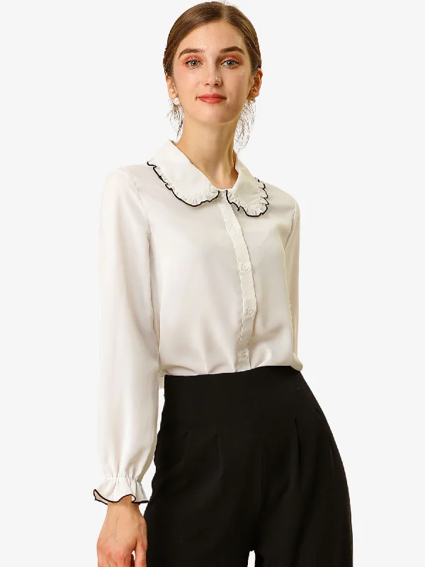 Lowest Prices Guaranteed!Sweet Ruffle Peter Pan Collar Long Sleeve Button Up Shirt