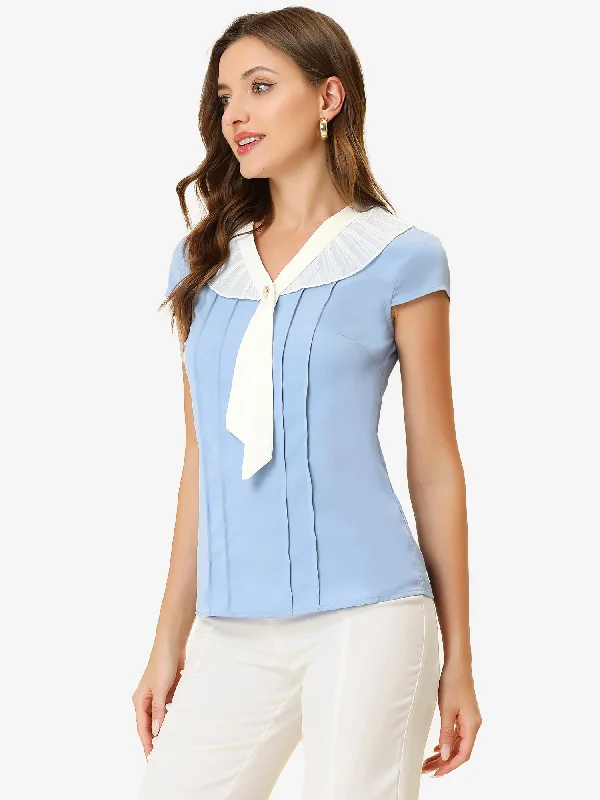 Best Offers of the Month!Elegant Cap Sleeve Tie Neck Pleated Work Office Blouse