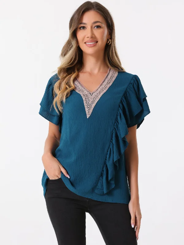 Incredible Savings Inside!Ruffle Short Sleeve V Neck Boho Casual Blouse