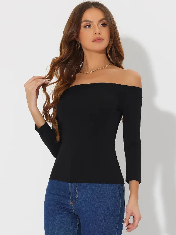 Time to Snag a Bargain!Off Shoulder 3/4 Sleeves Solid Color Casual Blouse Tops