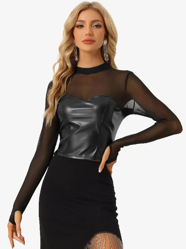 Your Favorite Items on Sale Now!Sexy Top Faux Leather Mesh Sleeve Sweetheart Stand Collar Shirt Your Favorite Items on Sale Now!Sexy Top Faux Leather Mesh Sleeve Sweetheart Stand Collar Shirt