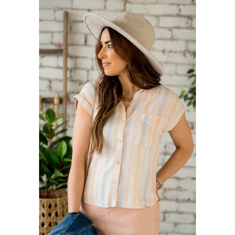 Save Like Never Before!Pastel Striped Button Up Blouse