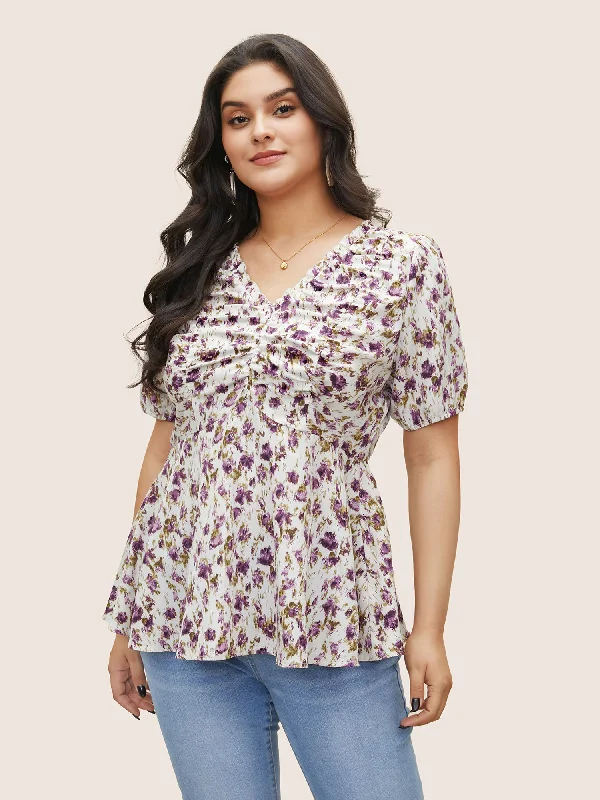 Save More Than Ever!Pixel Flower Ruched Ruffle Trim Blouse