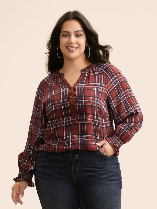 Shop the Hottest Deals!Plaid Contrast Webbing Ruffle Trim Blouse